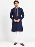 Navy blue embroidered men's kurta pajama set size 36