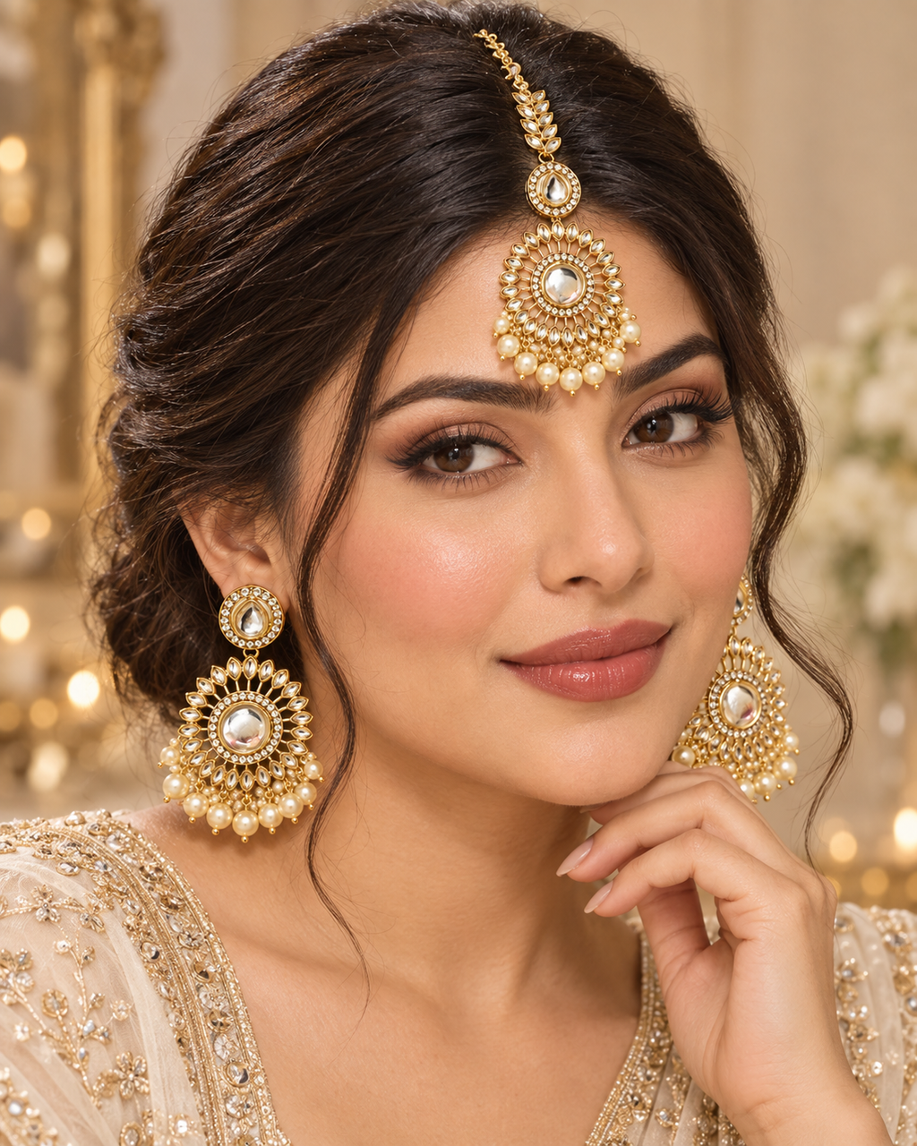 Kundan Pearl Earrings & Maang Tikka Set