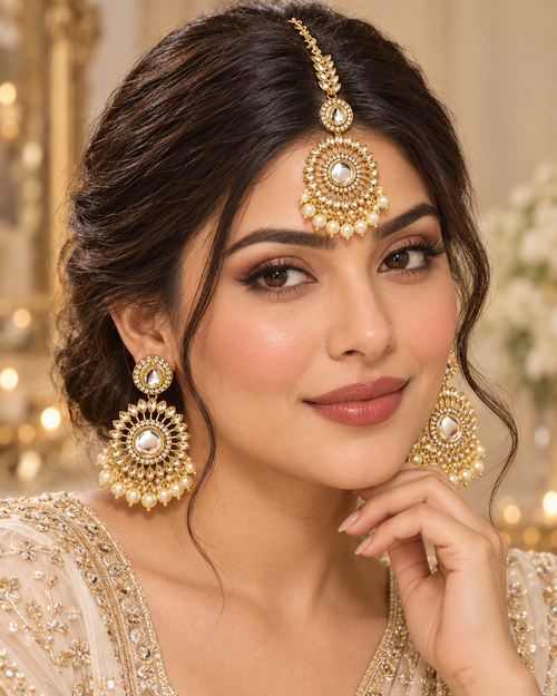 Kundan Pearl Earrings & Maang Tikka Set