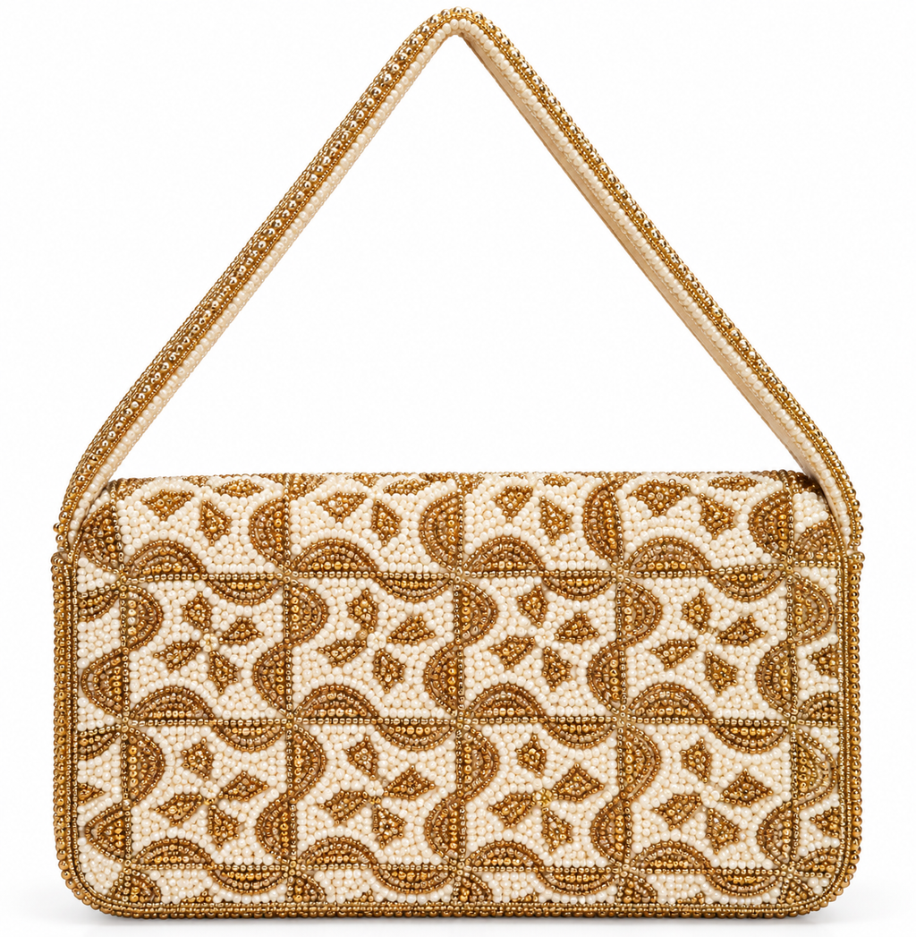 Ivory and gold hand-beaded shoulder bag