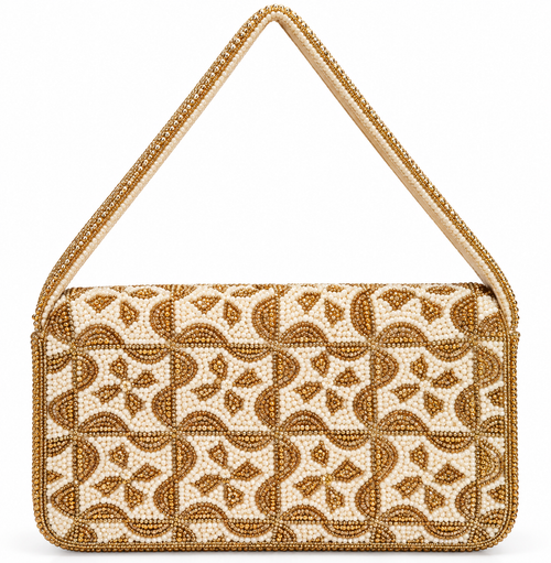 Ivory and gold hand-beaded shoulder bag