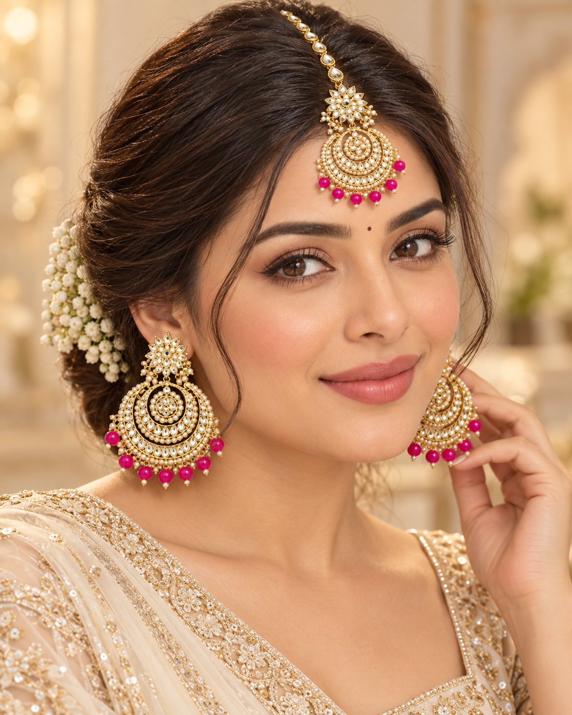 Kundan earrings and maang tikka set alternate view