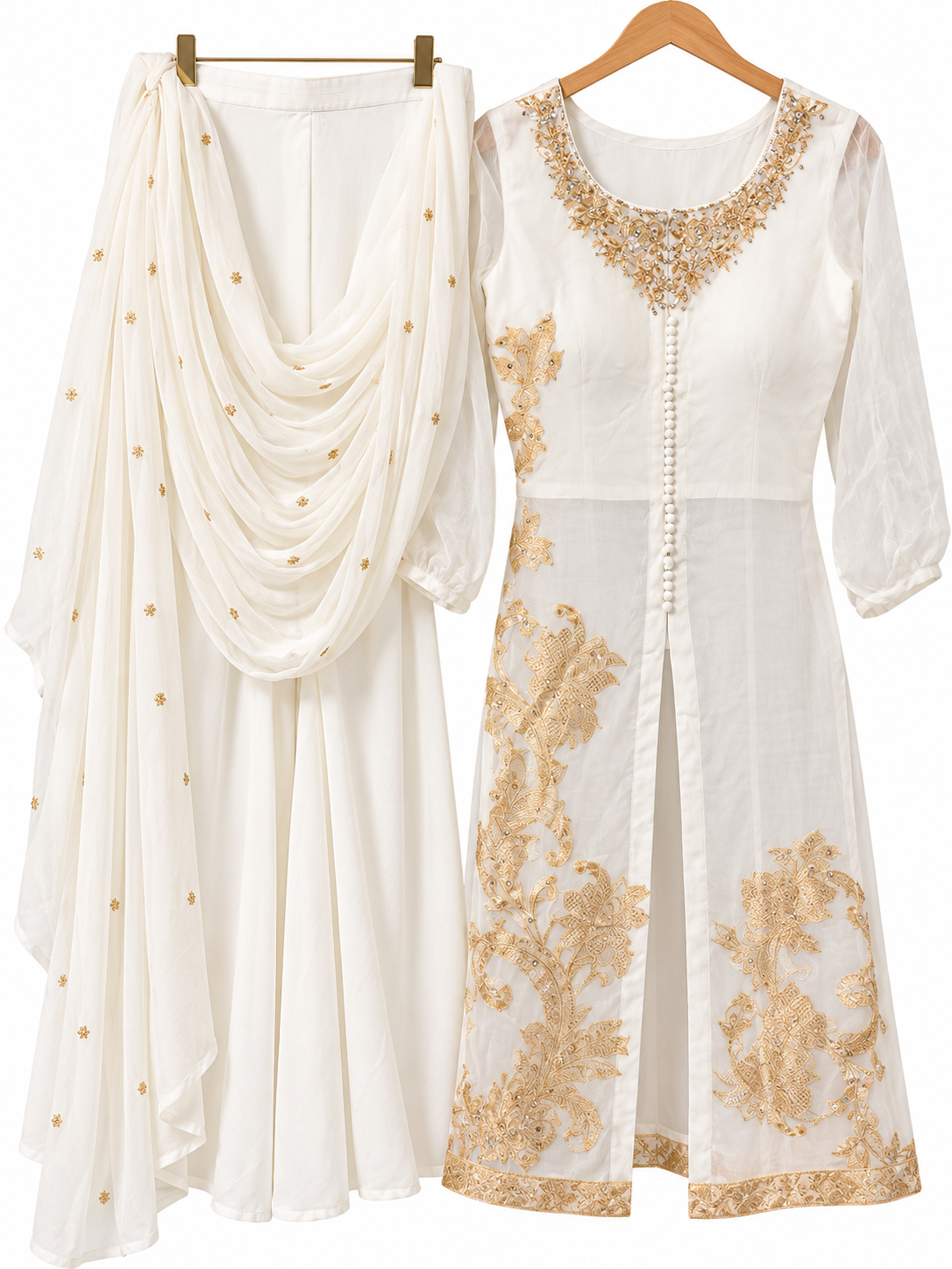 Ivory & Gold Embroidered Palazzo Suit Set for Teen Girl