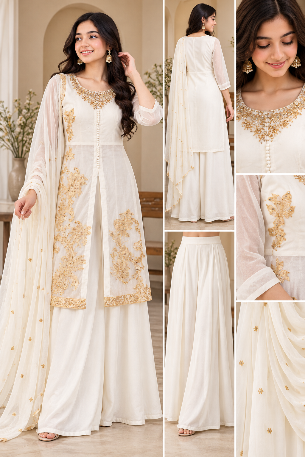 Ivory & Gold Embroidered Palazzo Suit Set for Teen Girl