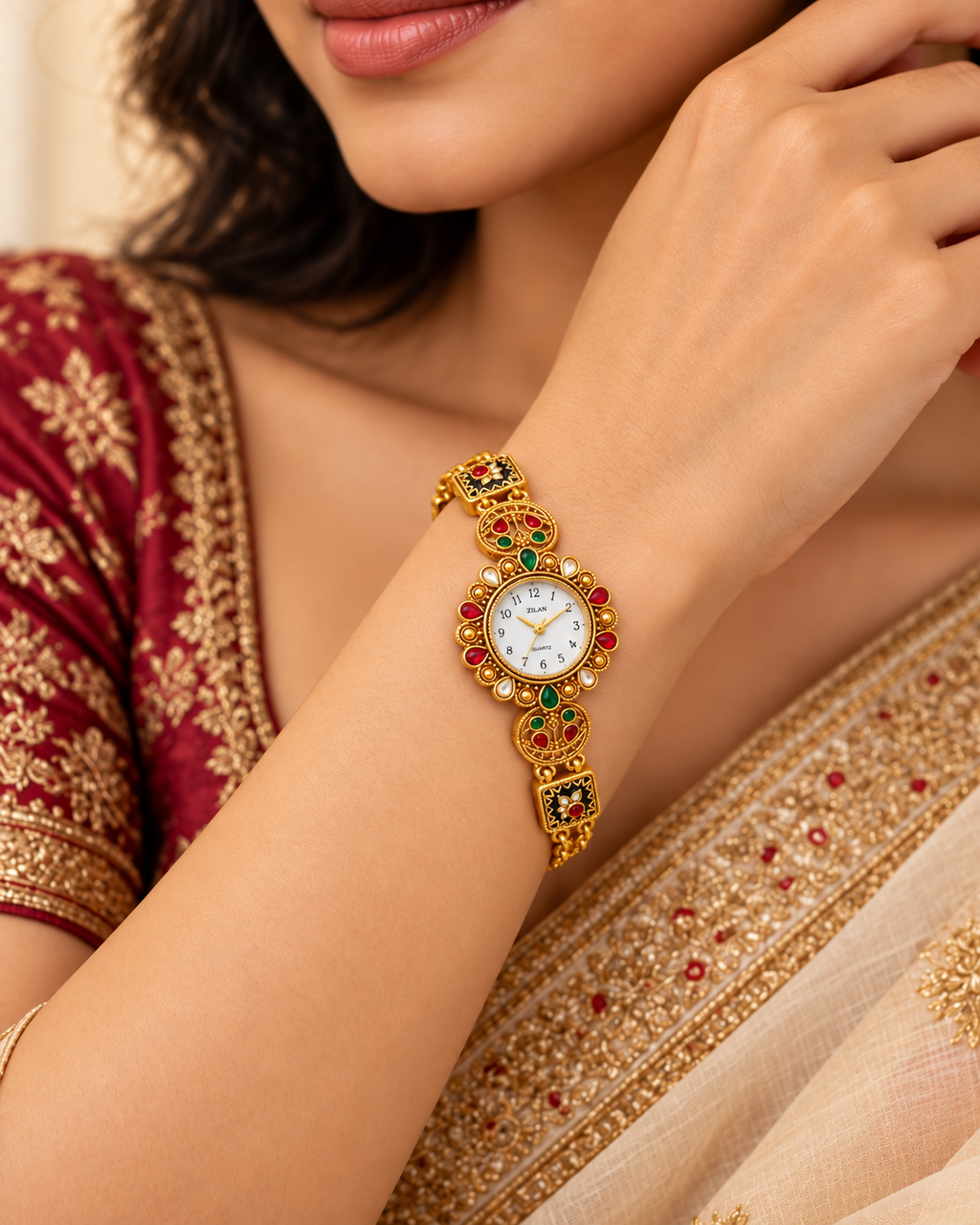 Traditional Gold-Tone Kundan Style Watch