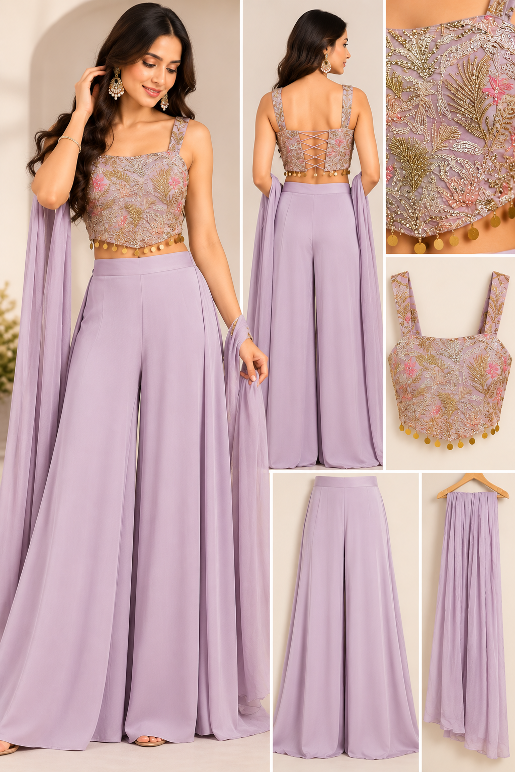 Lavender Embroidered Crop Top, Palazzo & Dupatta Set