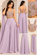 Lavender Embroidered Crop Top, Palazzo & Dupatta Set