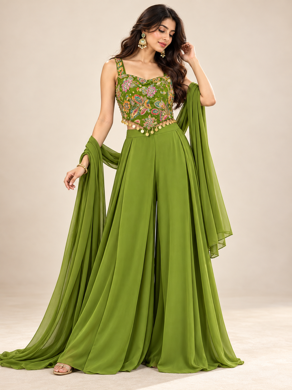 Olive Green Embroidered 3-Piece Crop top Palazop Set