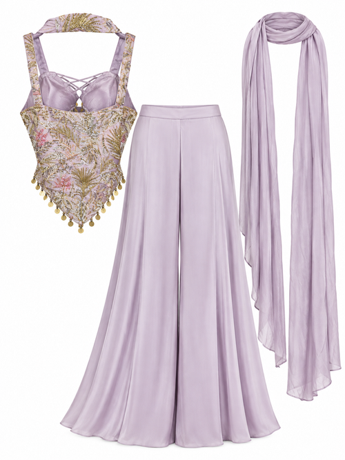 Lavender Embroidered Crop Top, Palazzo & Dupatta Set