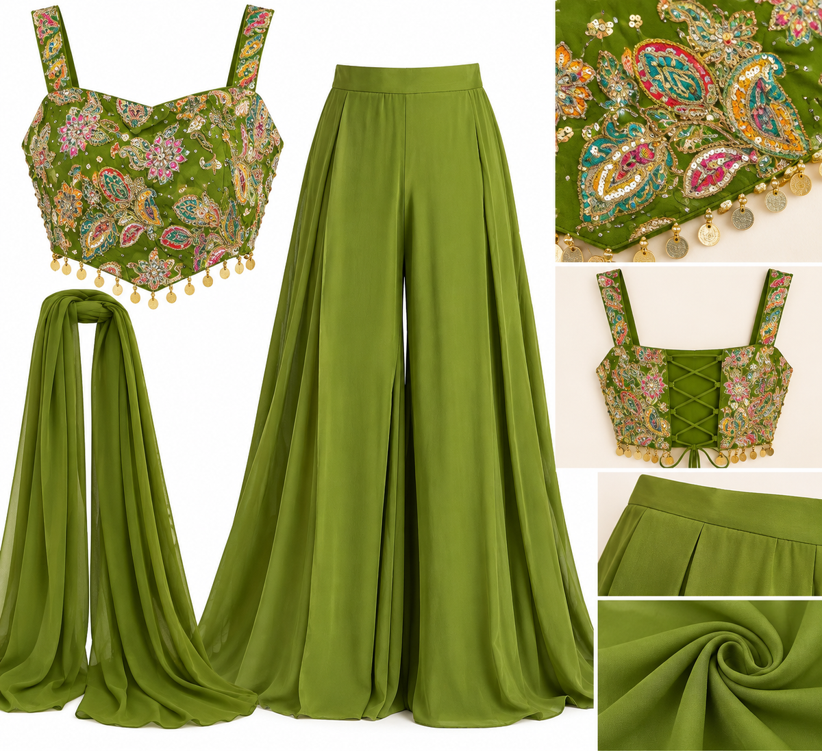 Olive Green Embroidered 3-Piece Crop top Palazop Set