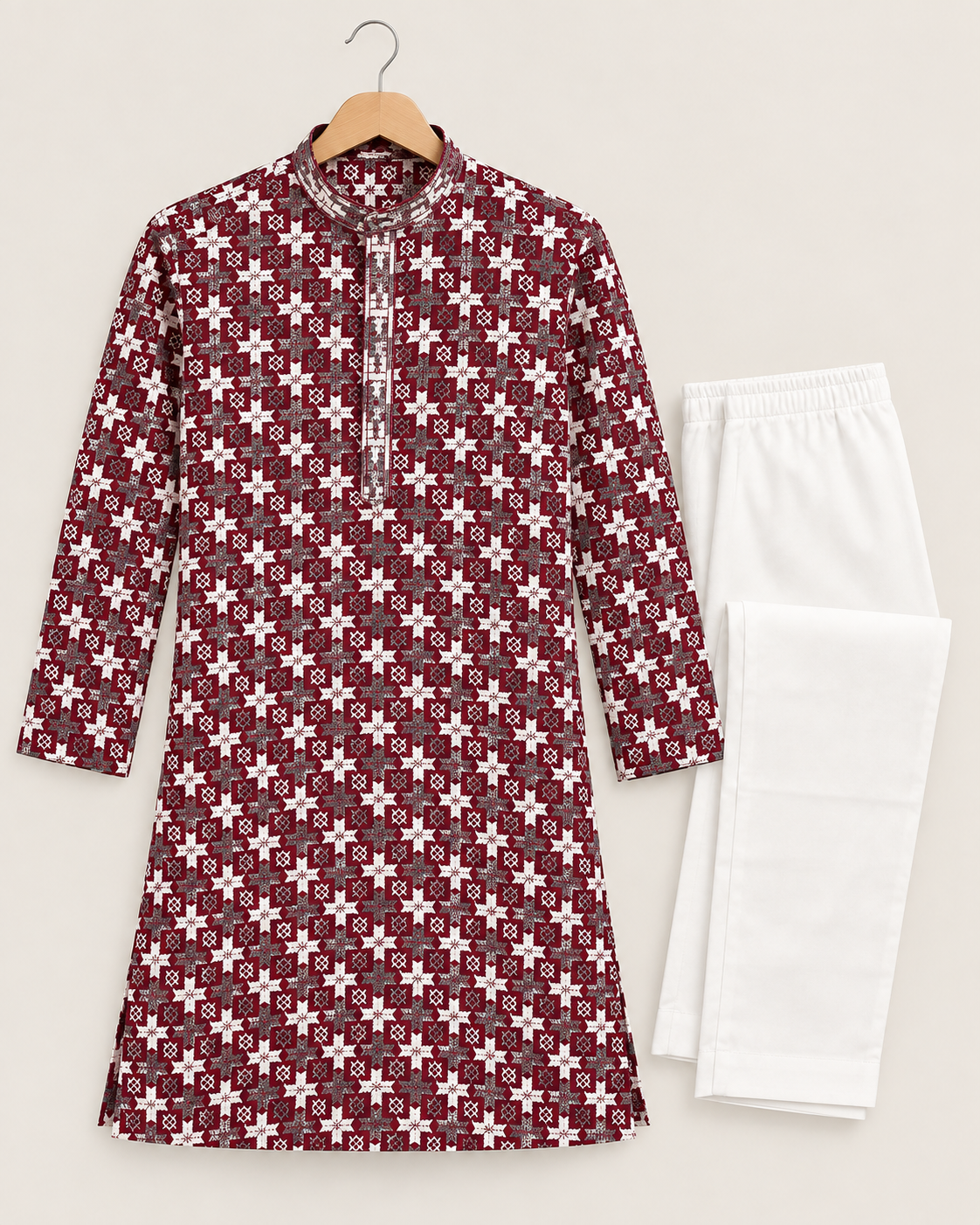 Boys Maroon Printed Kurta Pajama Set