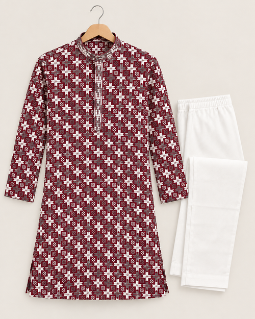 Boys Maroon Printed Kurta Pajama Set