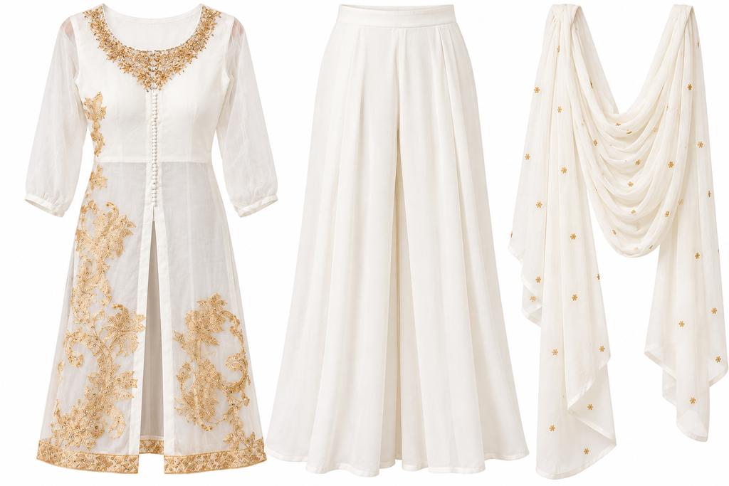 Ivory & Gold Embroidered Palazzo Suit Set for Teen Girl