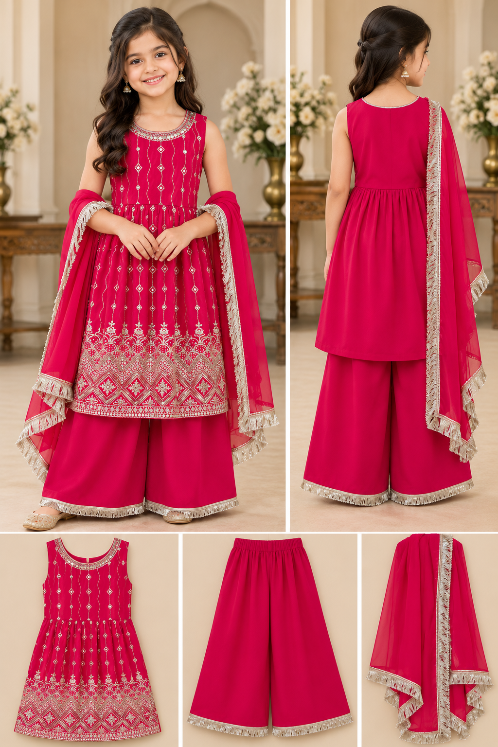 Girls’ Fuchsia Embroidered Palazzo Suit Set