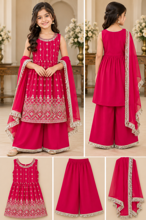 Girls’ Fuchsia Embroidered Palazzo Suit Set
