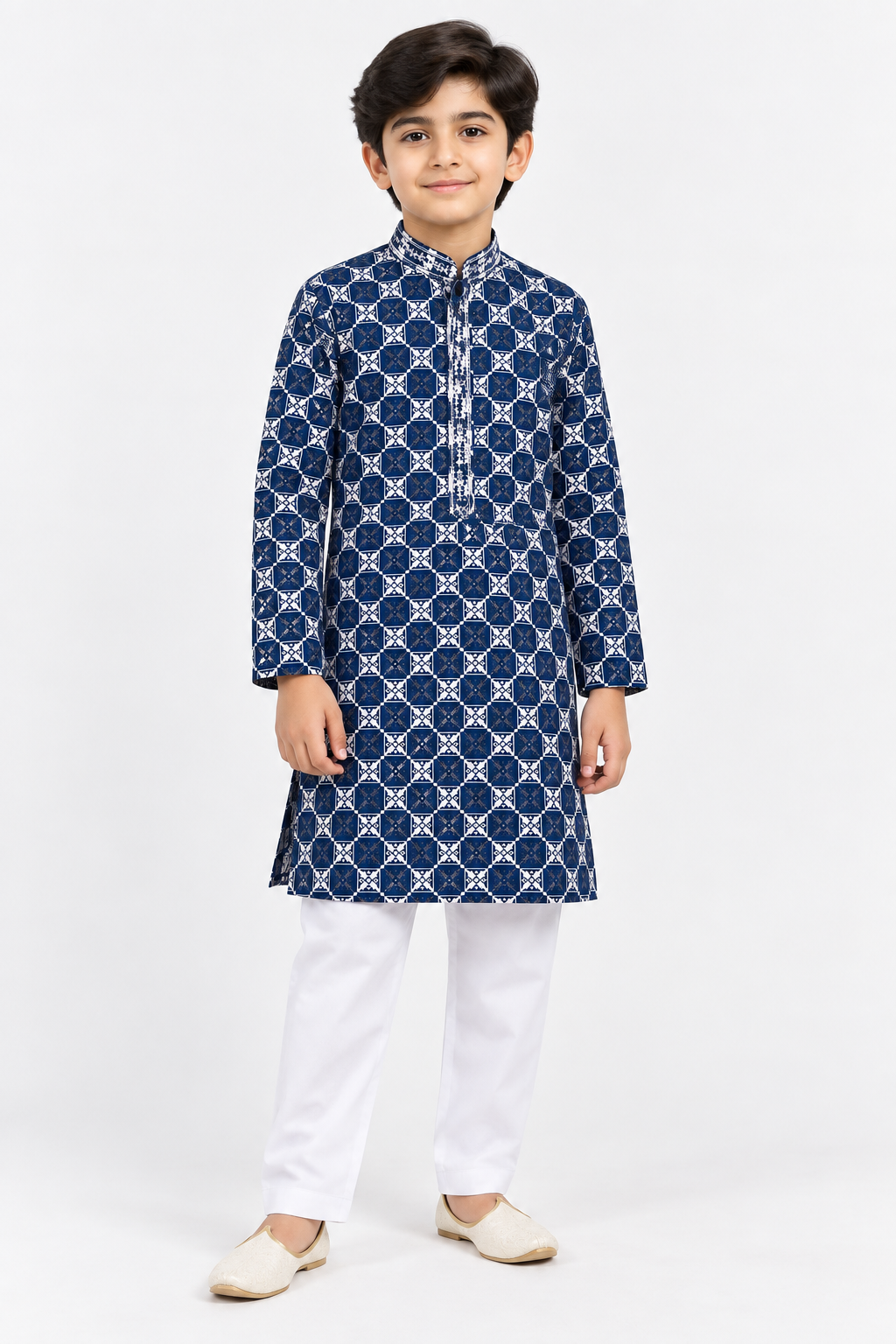 Boys Navy Blue Printed Kurta Pajama Set
