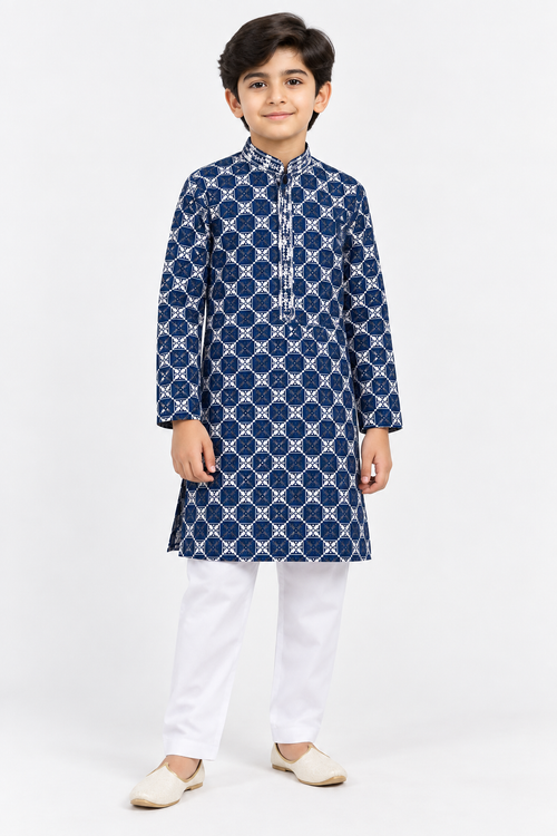 Boys Navy Blue Printed Kurta Pajama Set