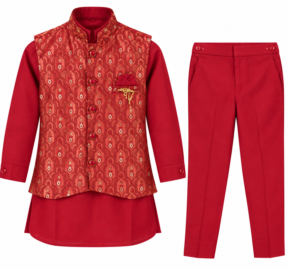 Boys Red Kurta Pajama with Brocade Nehru Jacket