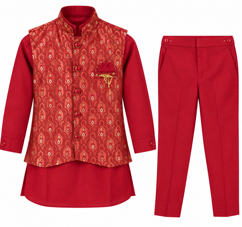 Boys Red Kurta Pajama with Brocade Nehru Jacket