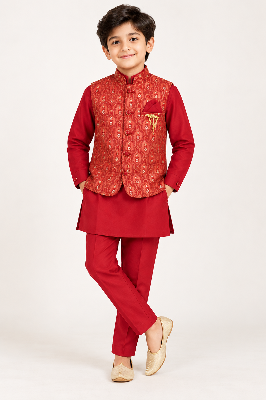 Boys Red Kurta Pajama with Brocade Nehru Jacket