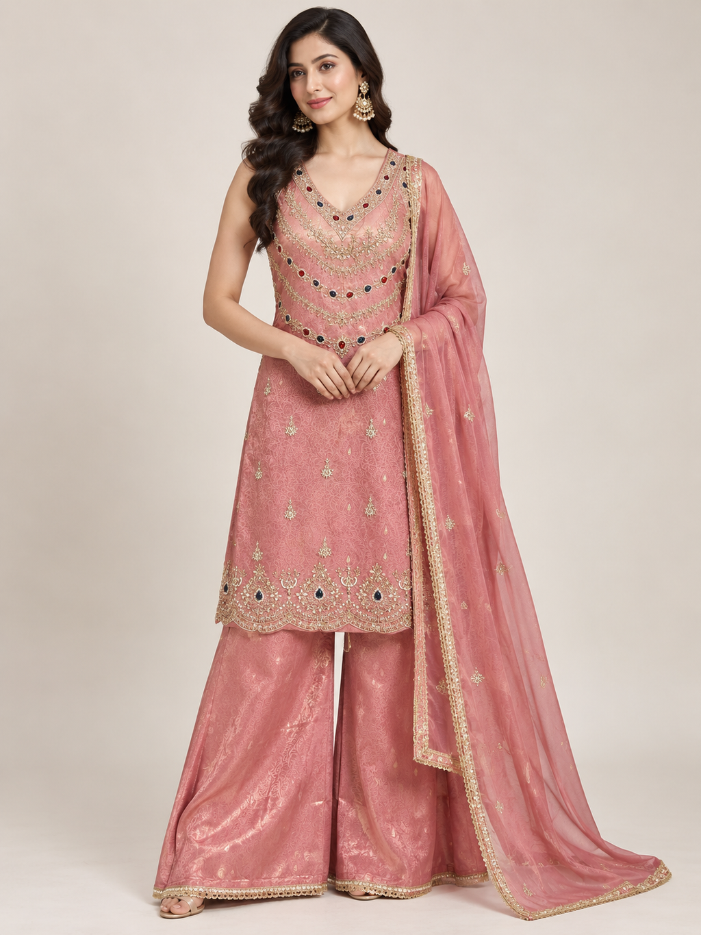 Dusty Rose Embroidered 3-Piece Palazzo Suit Set