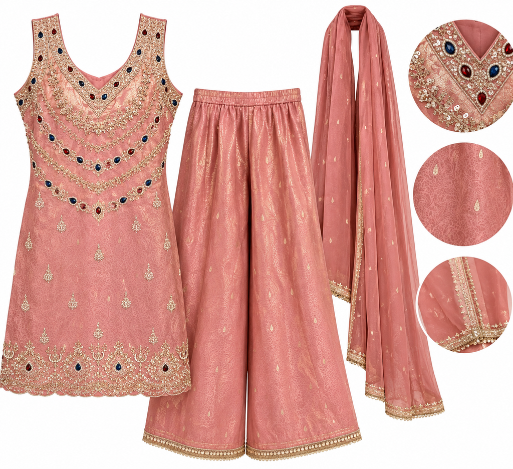 Dusty Rose Embroidered 3-Piece Palazzo Suit Set
