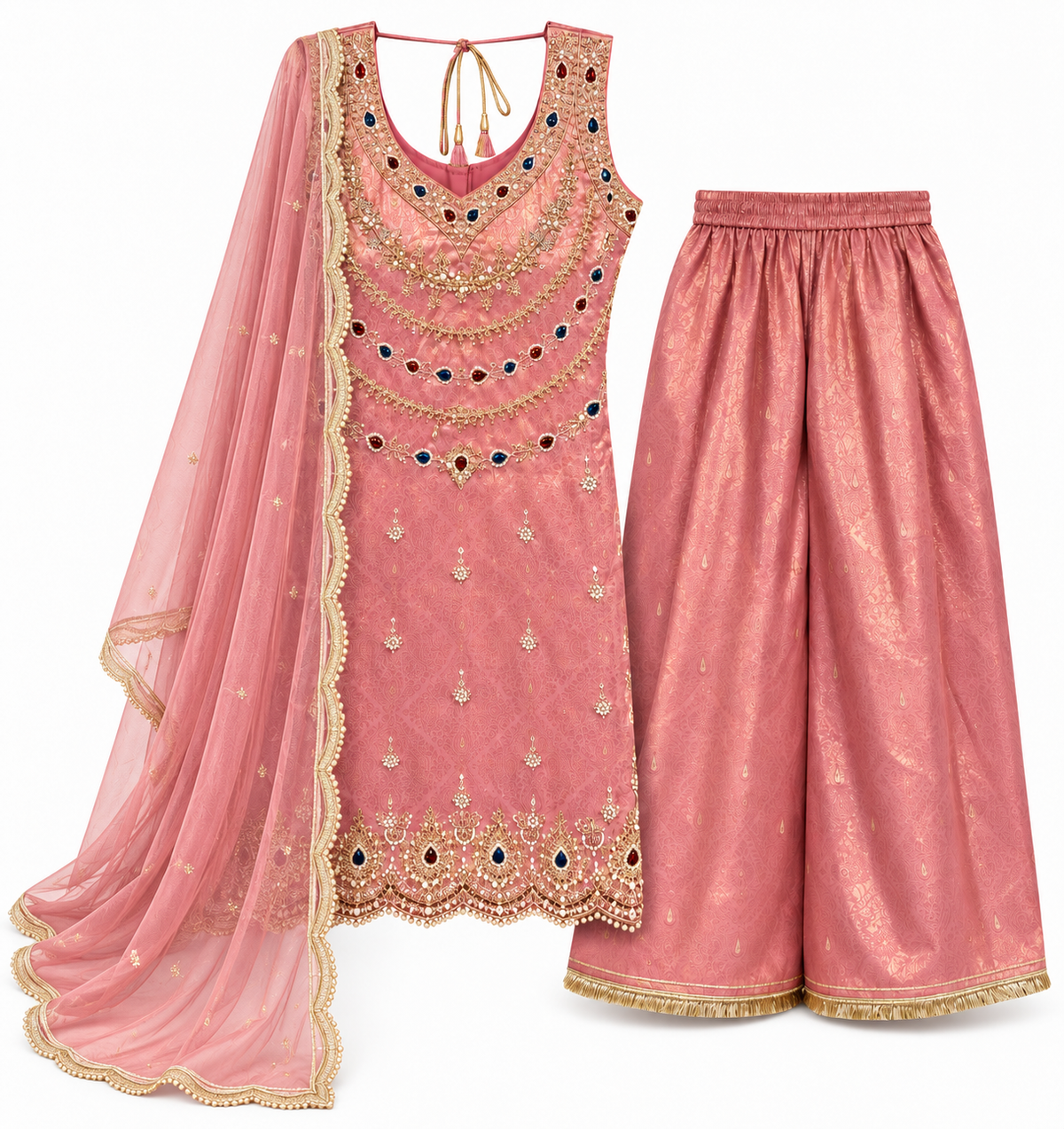 Dusty Rose Embroidered 3-Piece Palazzo Suit Set