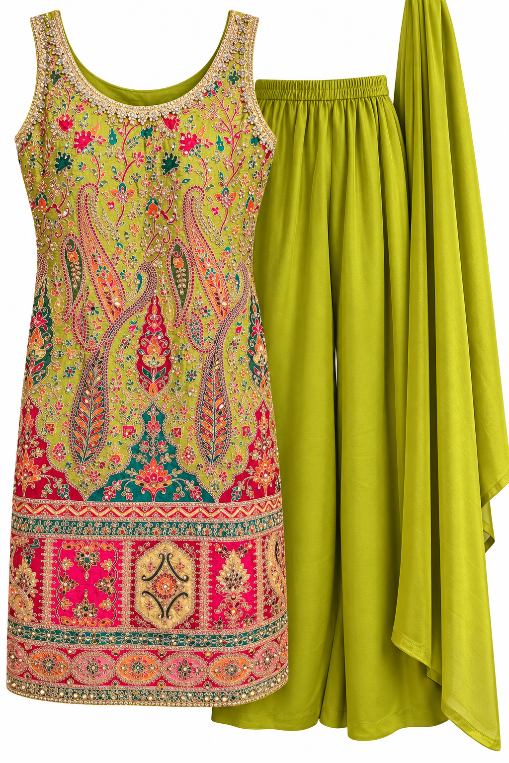 Elegant Mehendi Green Embroidered 3-Piece Suit Set