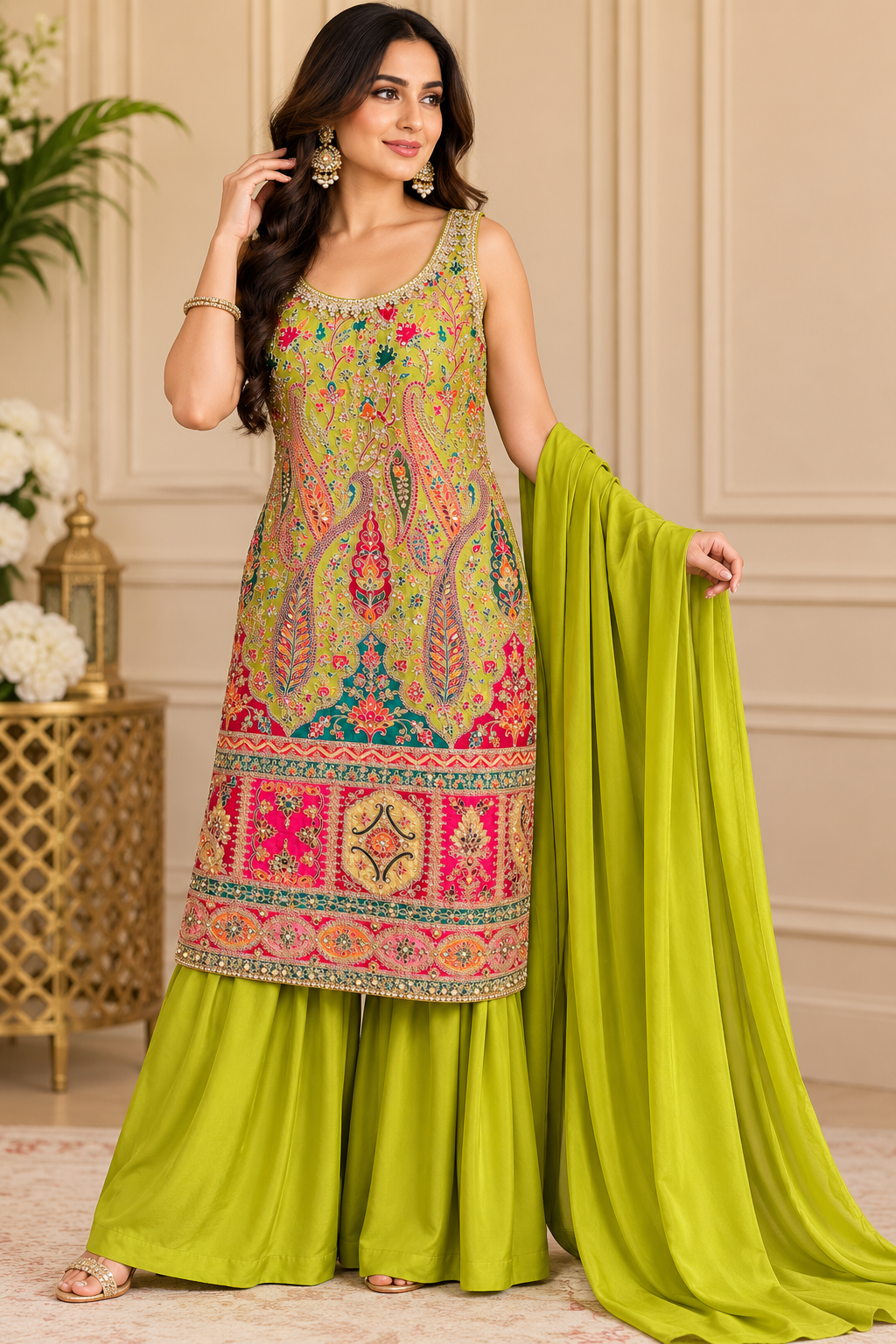 Elegant Mehendi Green Embroidered 3-Piece Suit Set