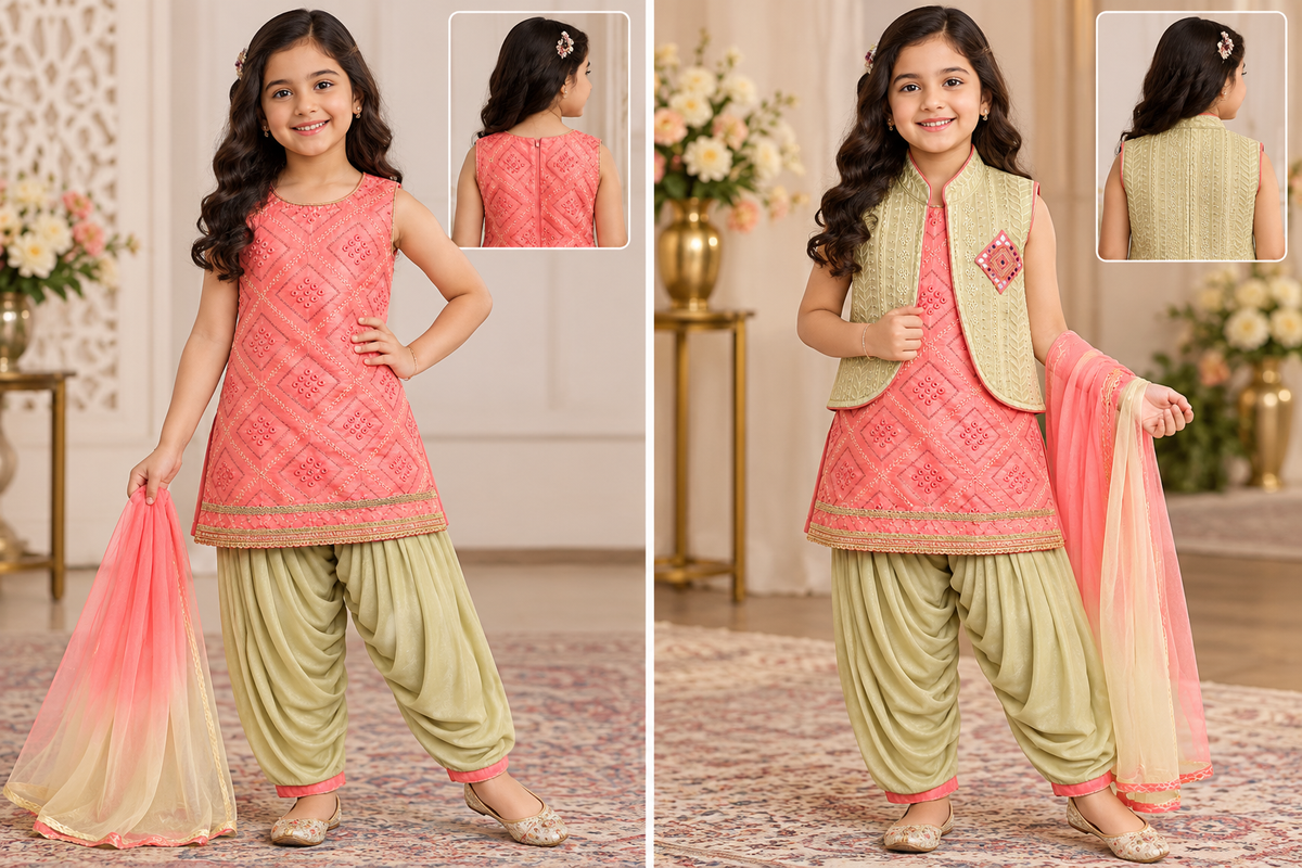 Girls Coral Pink & Sage Green Dhoti Suit with Embroidered Vest & Dupatta