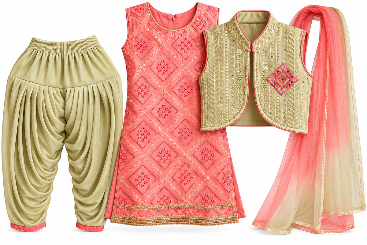 Girls Coral Pink & Sage Green Dhoti Suit with Embroidered Vest & Dupatta