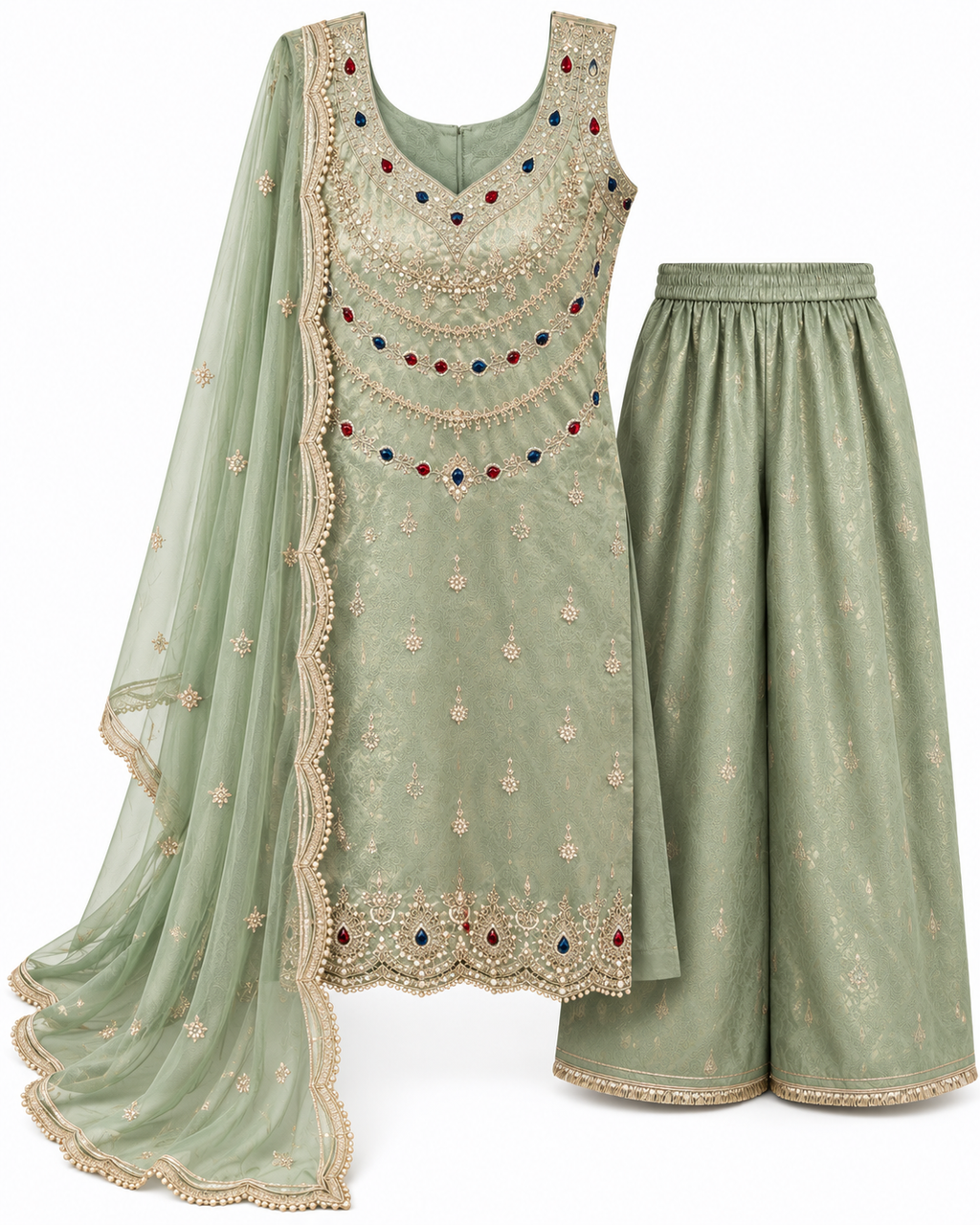 Sage Green Embroidered 3-Piece Suit Set