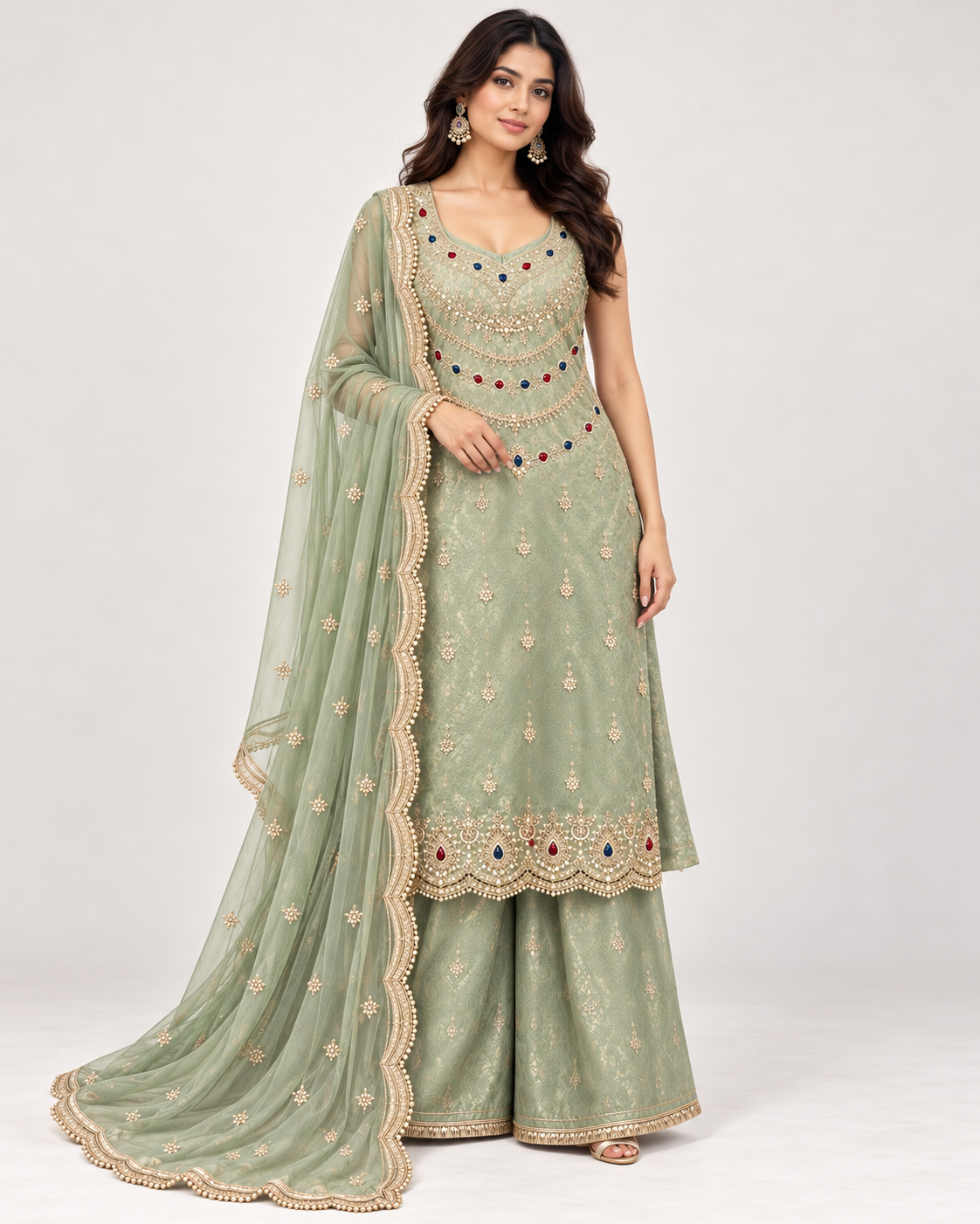 Sage Green Embroidered 3-Piece Suit Set