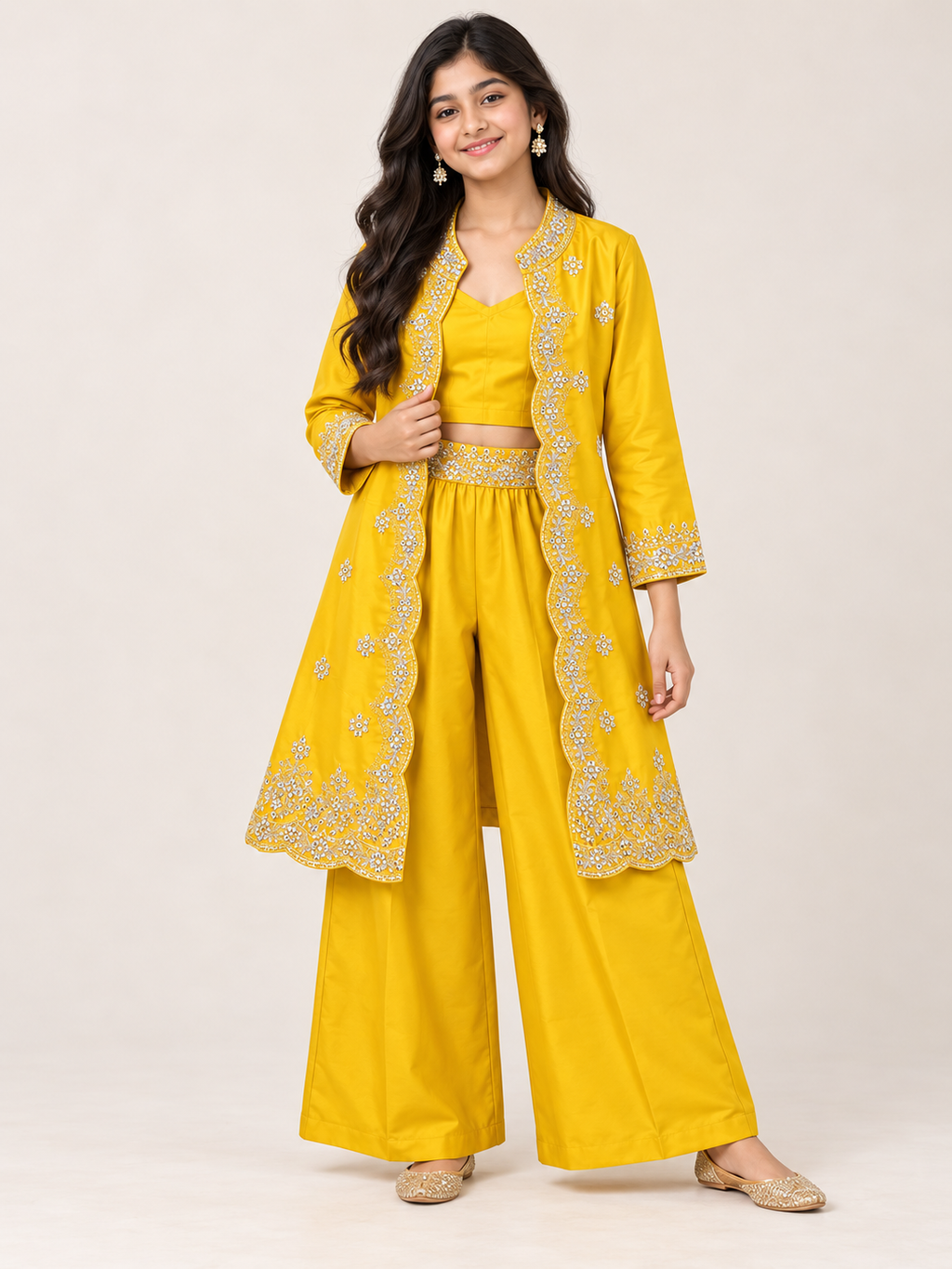 Girls’ Embroidered 3-Piece Jacket & Palazzo Set – Available in 2 Designs