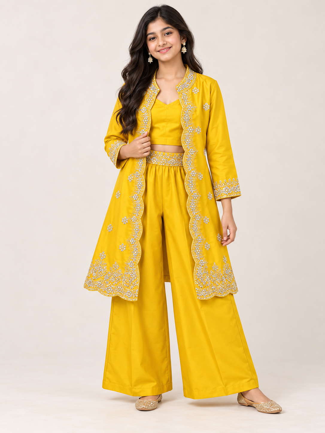 Girls’ Embroidered 3-Piece Jacket & Palazzo Set – Available in 2 Designs