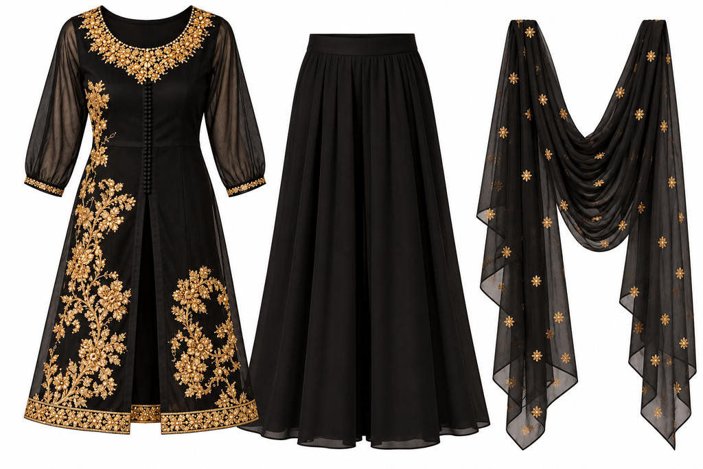 Black & Gold Embroidered 3-Piece Palazzo Suit Set