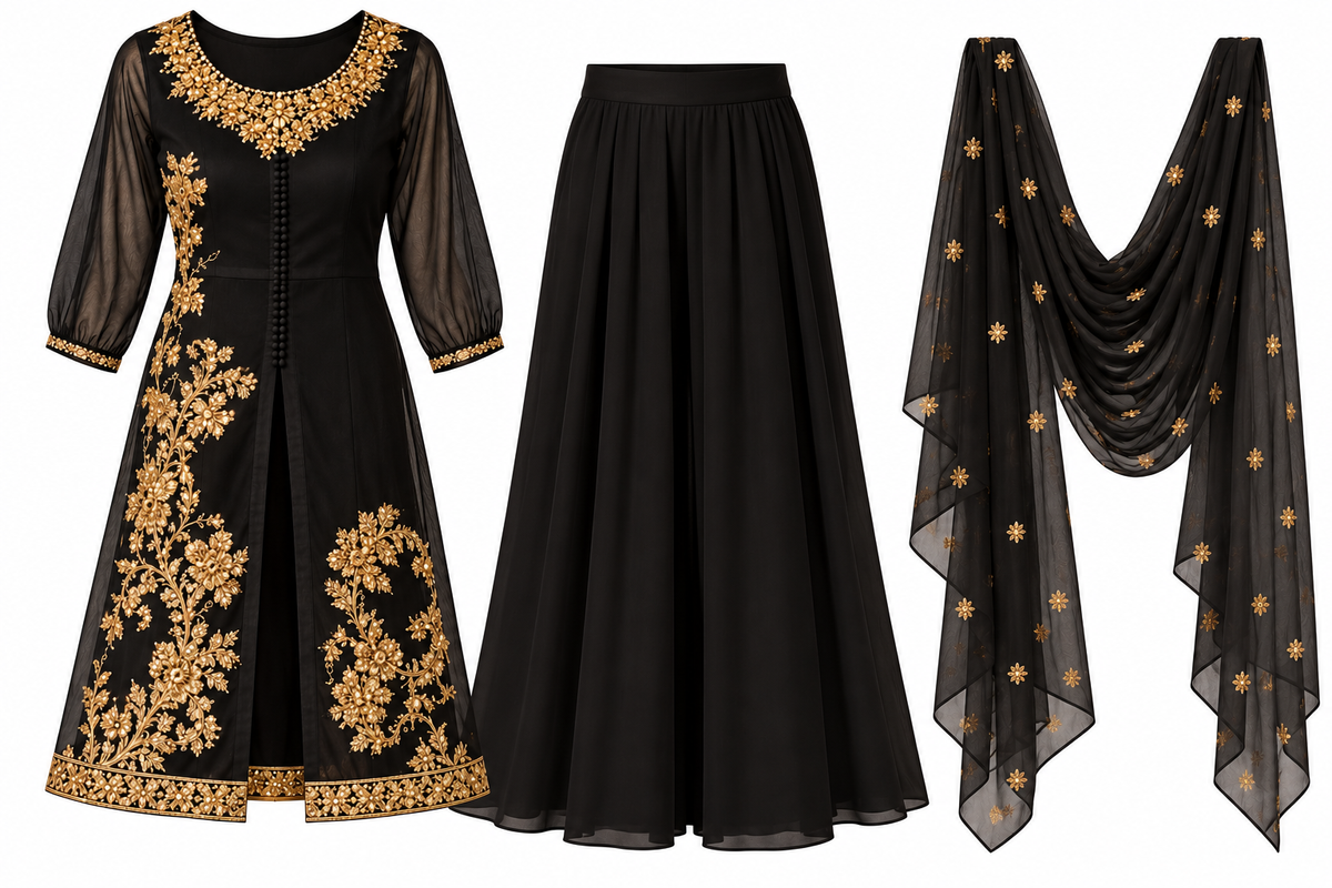 Black & Gold Embroidered 3-Piece Palazzo Suit Set