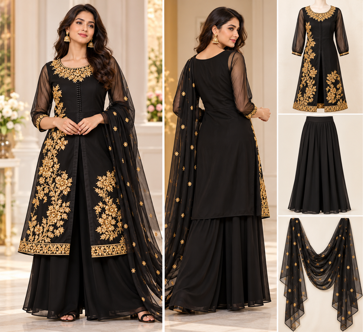 Black & Gold Embroidered 3-Piece Palazzo Suit Set