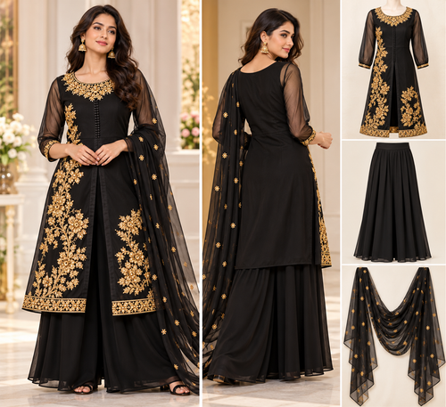 Black & Gold Embroidered 3-Piece Palazzo Suit Set