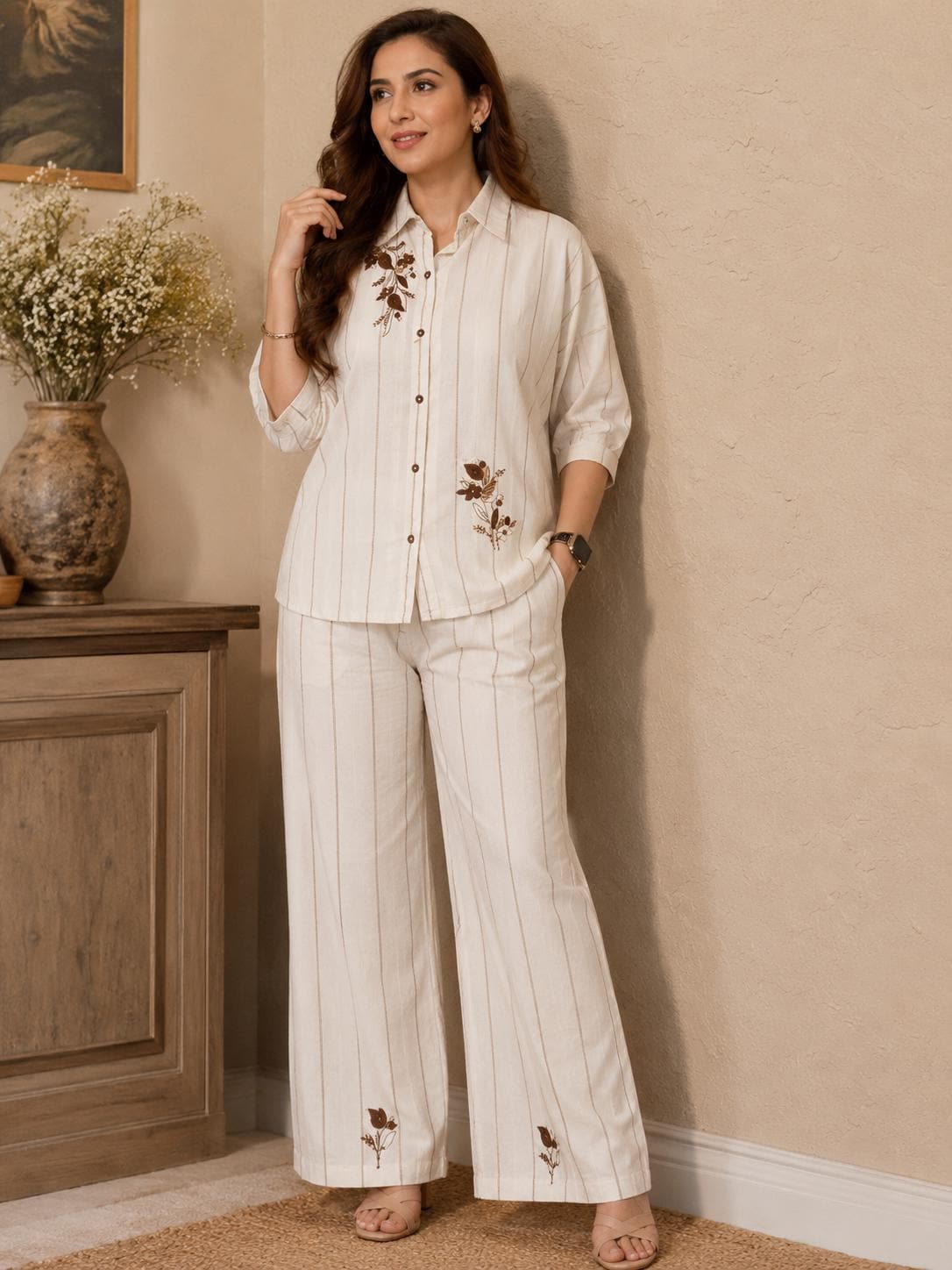 Cream embroidered two-piece pant set