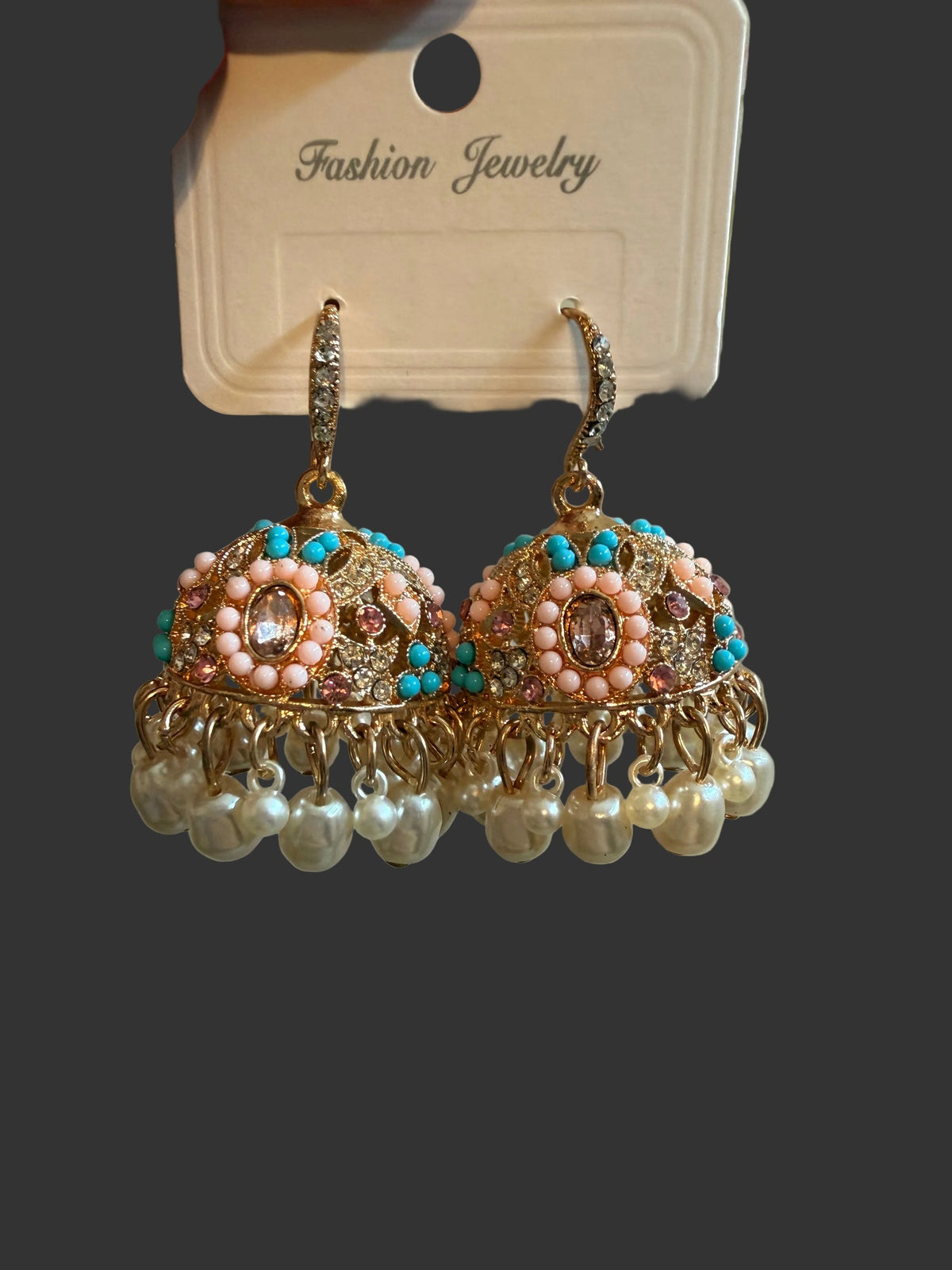 Colorful pearl jhumka earrings – pink, turquoise, and pearl-style detail