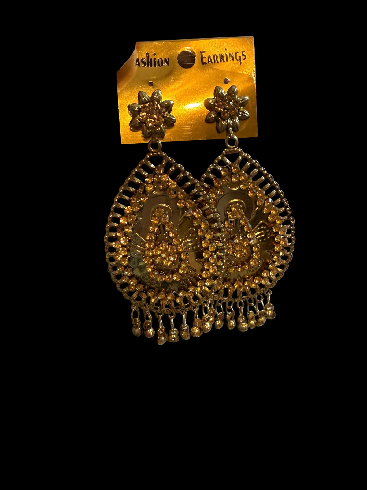 Gold-tone traditional statement earrings – floral and dangling bead detail