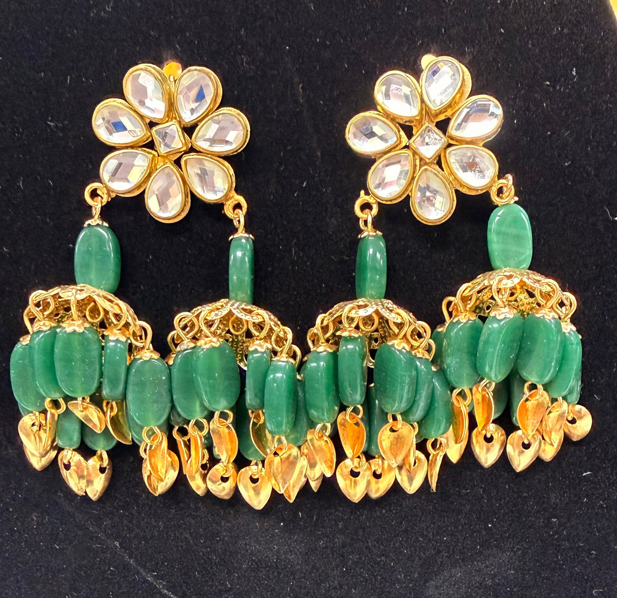 Green Kundan and beaded jhumka earrings – stone and bead detail