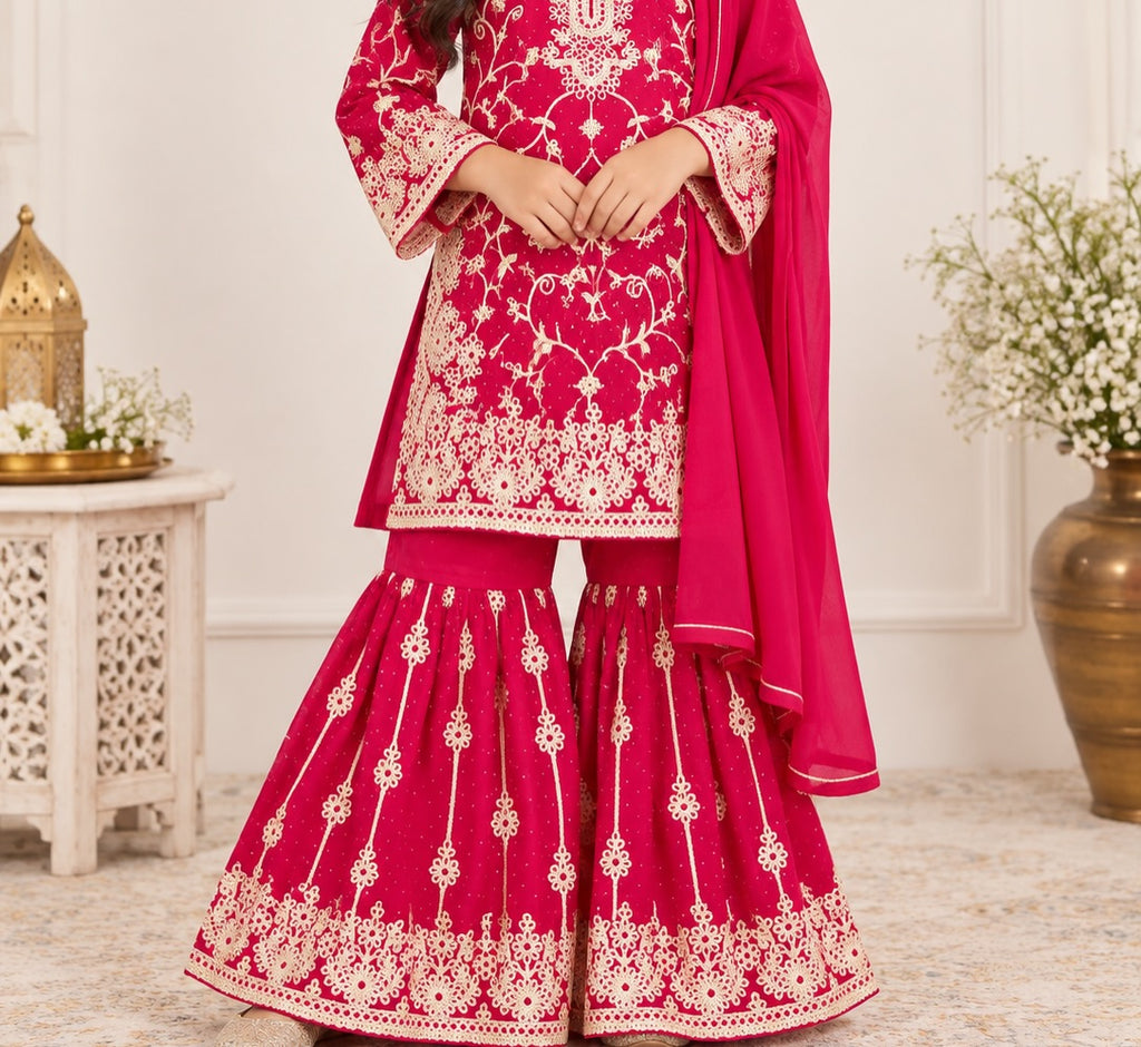 Girls Fuchsia Embroidered Sharara Suit Set