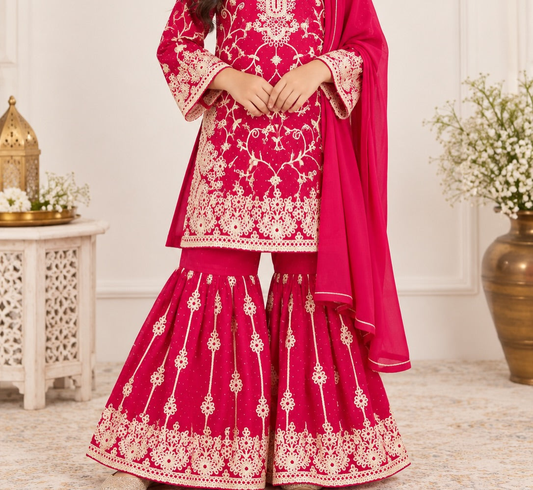 Girls Fuchsia Embroidered Sharara Suit Set