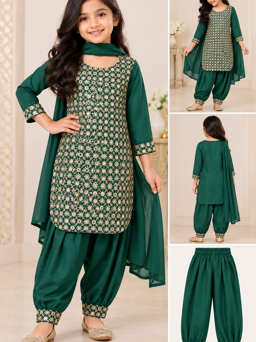 Emerald Green Embroidered Girls Suit Set