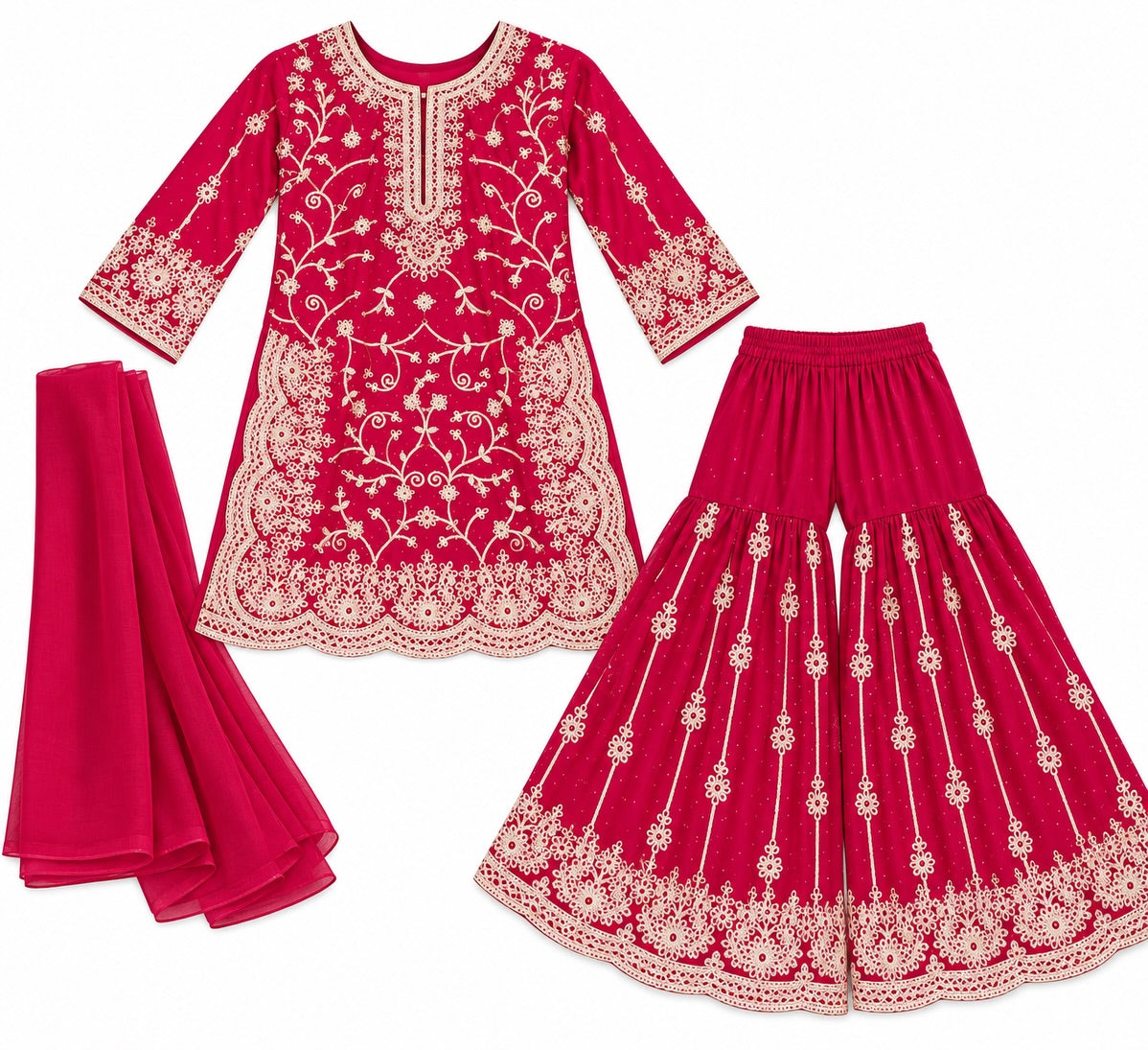 Girls Fuchsia Embroidered Sharara Suit Set