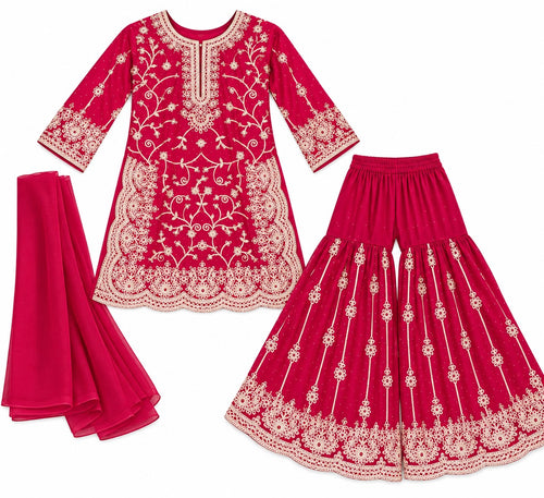 Girls Fuchsia Embroidered Sharara Suit Set