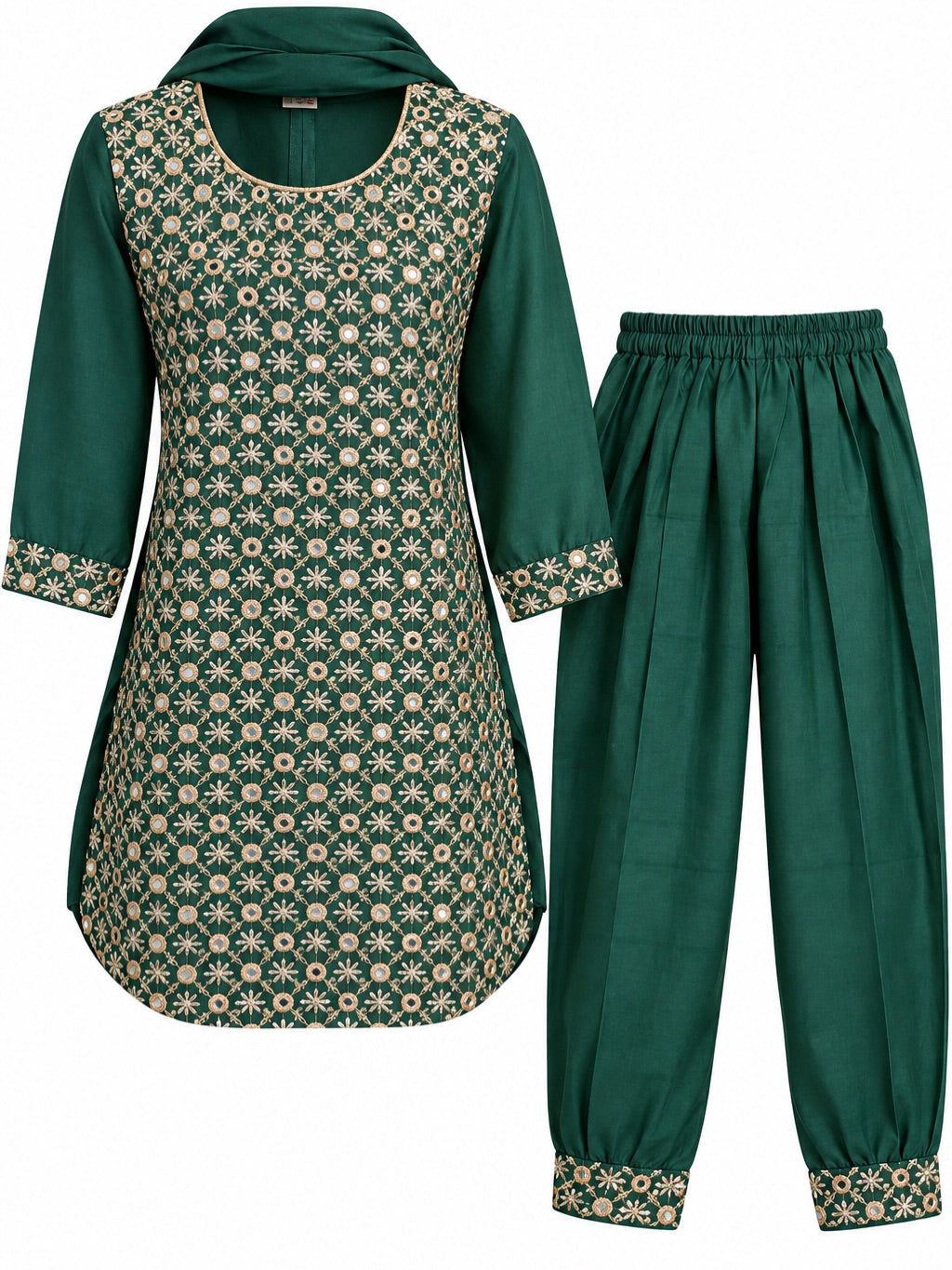 Emerald Green Embroidered Girls Suit Set
