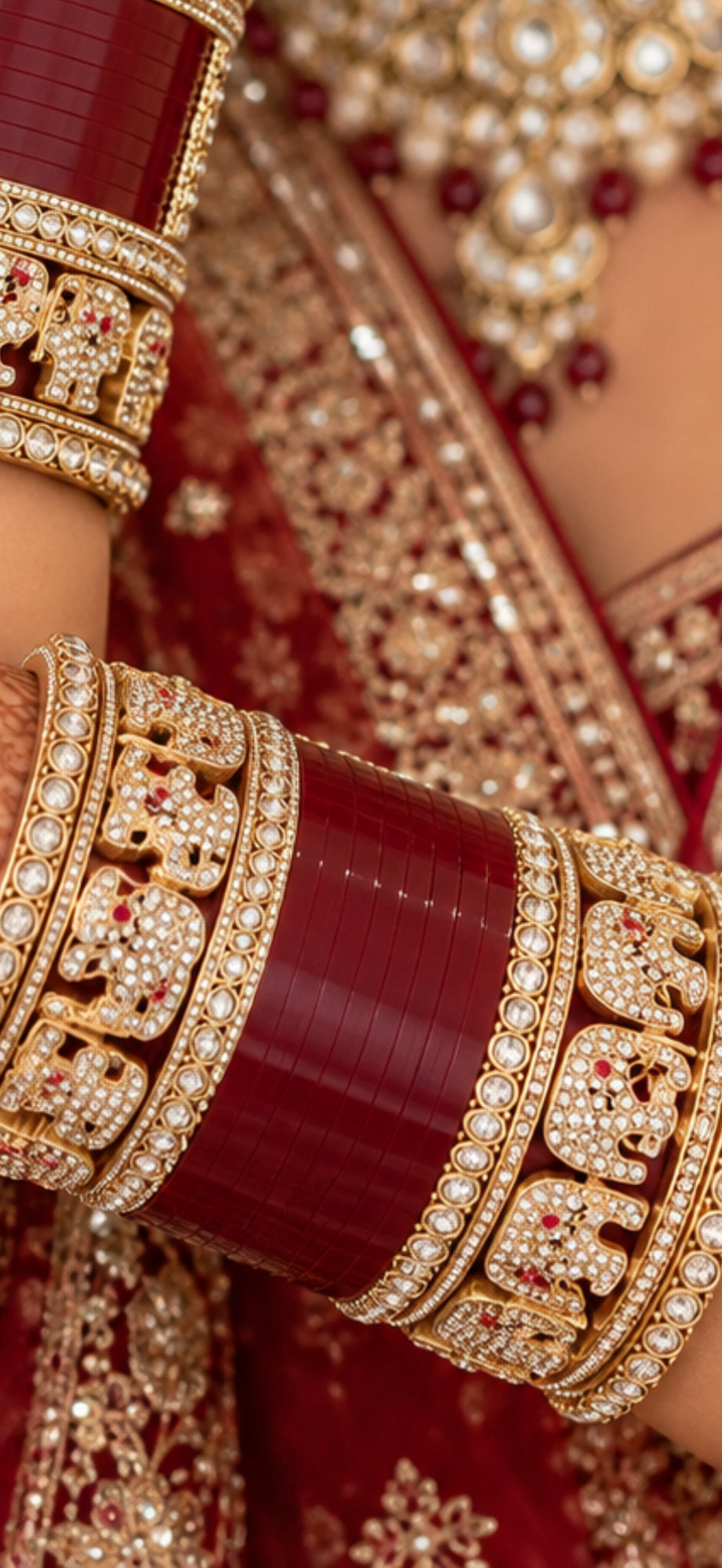 Maroon bridal chooda bangle set with elephant design detail